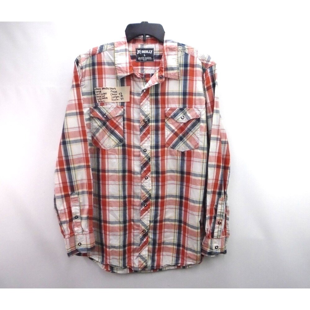Skully Western Snap Shirt Plaid Pockets Mens Size L 100% Cotton